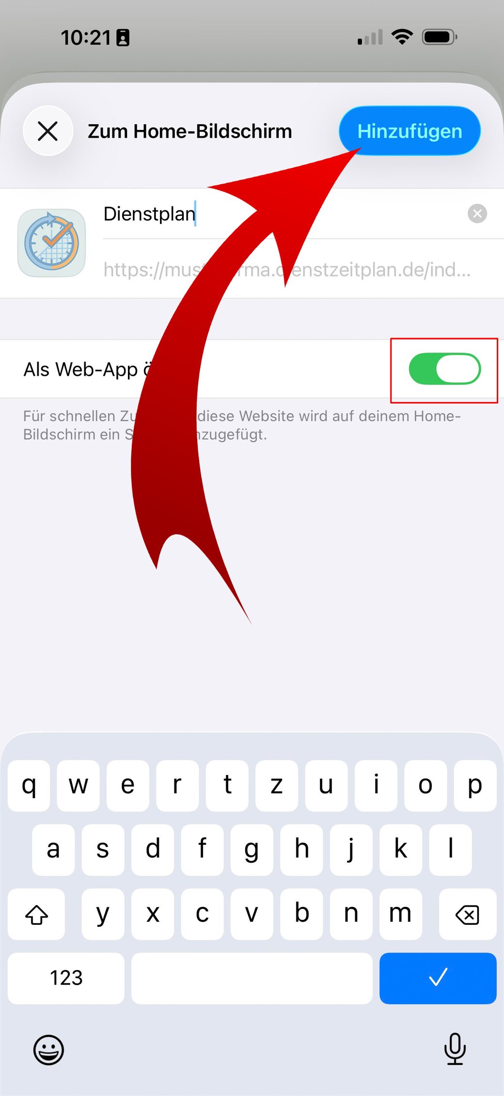 Schritt 5: Als Web-App öffnen aktivieren und Hinzufügen tippen